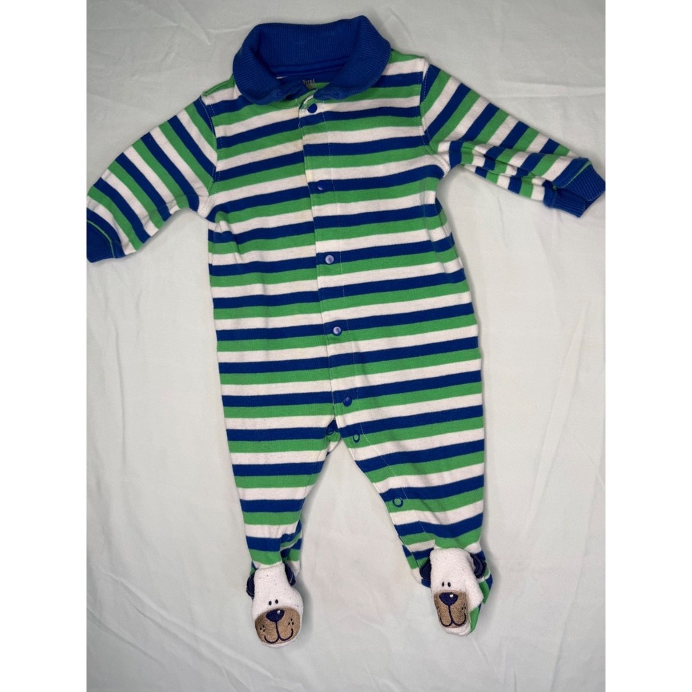 Just One Year Carter's y2k baby boy sz 3m striped puppy dog feet snap ls romper